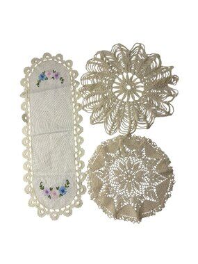 3pc Vintage Crochet Doilies & Runner Set | Cottagecore Farmhouse Table Linens